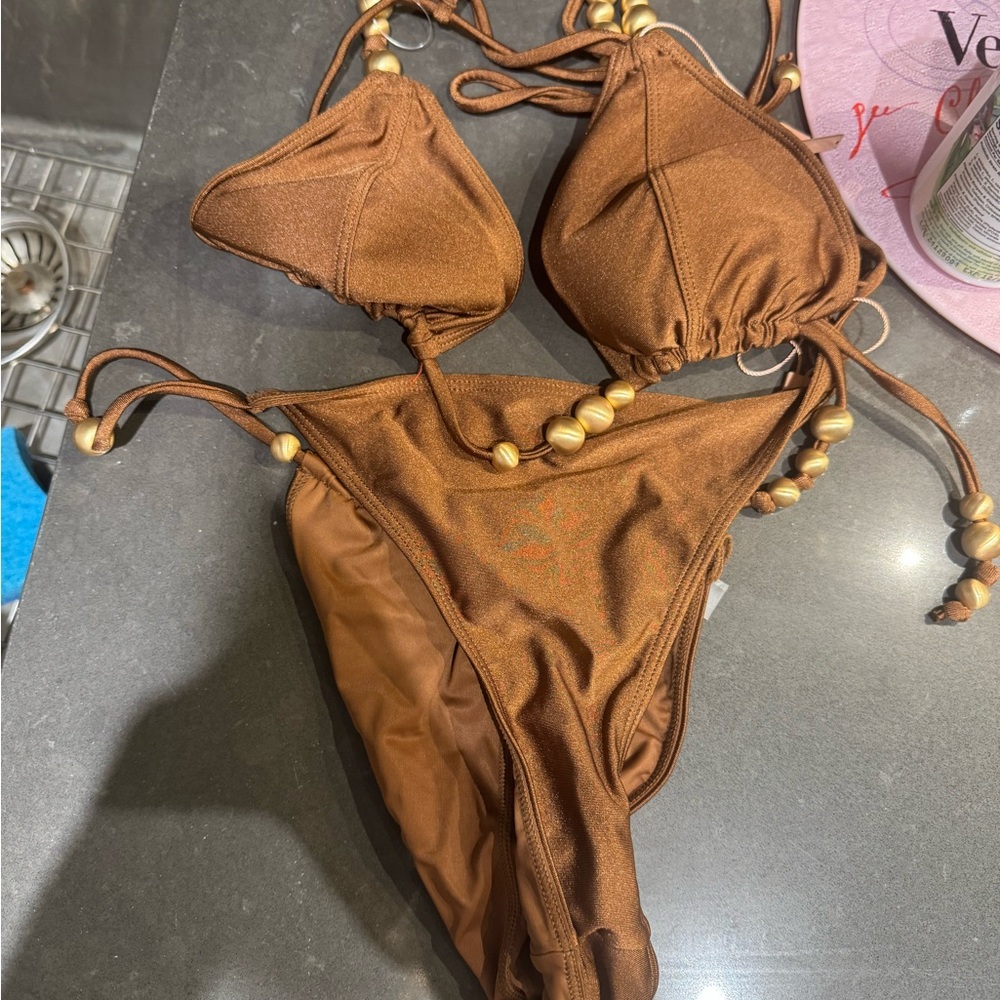 Cult Gaia Brown Bikini with Gold Accents